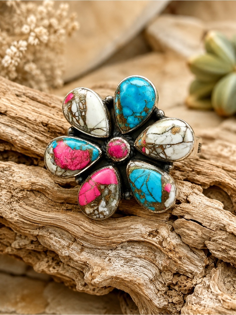 Sterling Silver Candy Dahlia Turquoise Flower Statement Ring Size 7 13.5g NWT